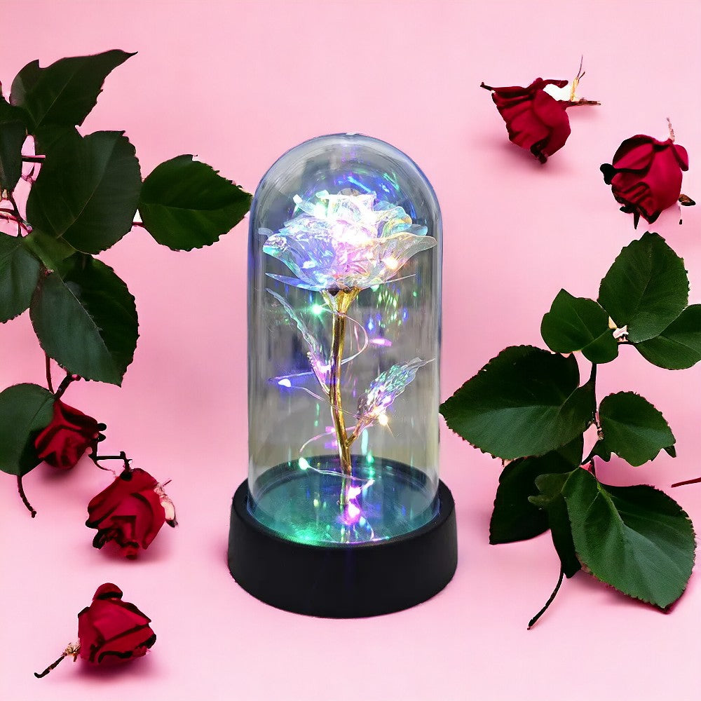 Rose Artificial Flower Glass Dome with LEDS Valentine