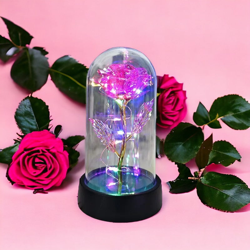 Rose Artificial Flower Glass Dome with LEDS Valentine